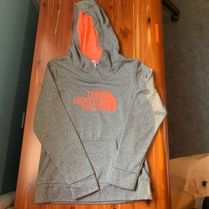 The North Face gray and orange hooded sweatshirt